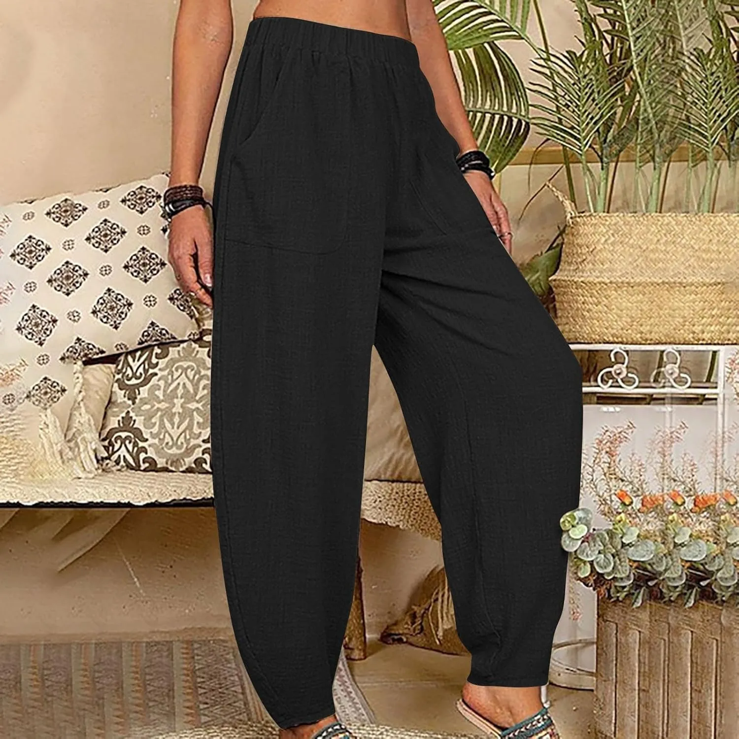 Women's Cotton Linen Harem Pants Casual Baggy High Waisted Elastic Pants Trousers with Pockets Wide Leg Palazzo Pants