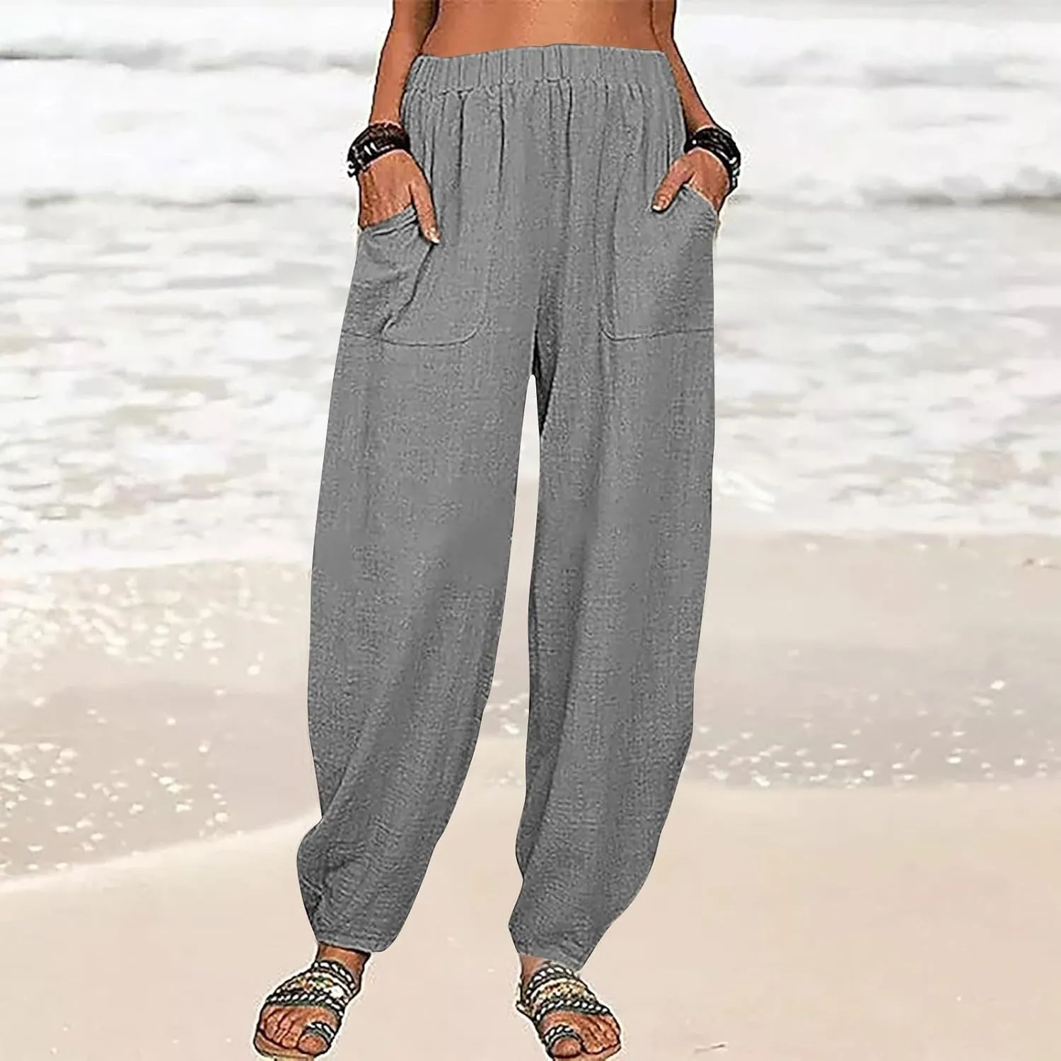 Women's Cotton Linen Harem Pants Casual Baggy High Waisted Elastic Pants Trousers with Pockets Wide Leg Palazzo Pants
