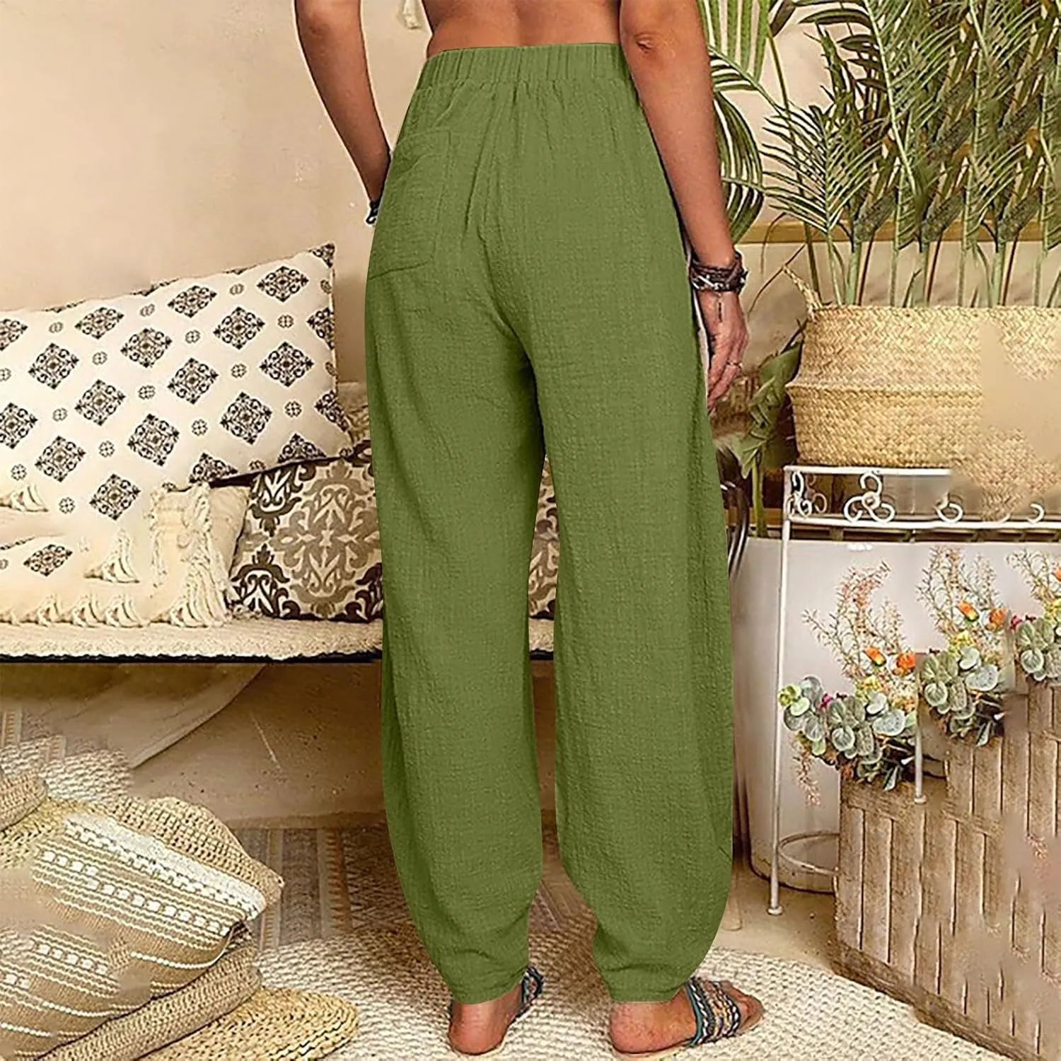 Women's Cotton Linen Harem Pants Casual Baggy High Waisted Elastic Pants Trousers with Pockets Wide Leg Palazzo Pants