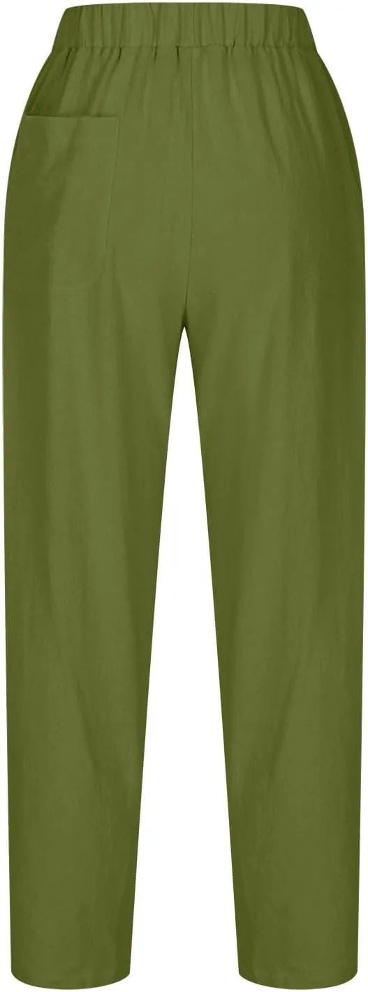 Women's Cotton Linen Harem Pants Casual Baggy High Waisted Elastic Pants Trousers with Pockets Wide Leg Palazzo Pants