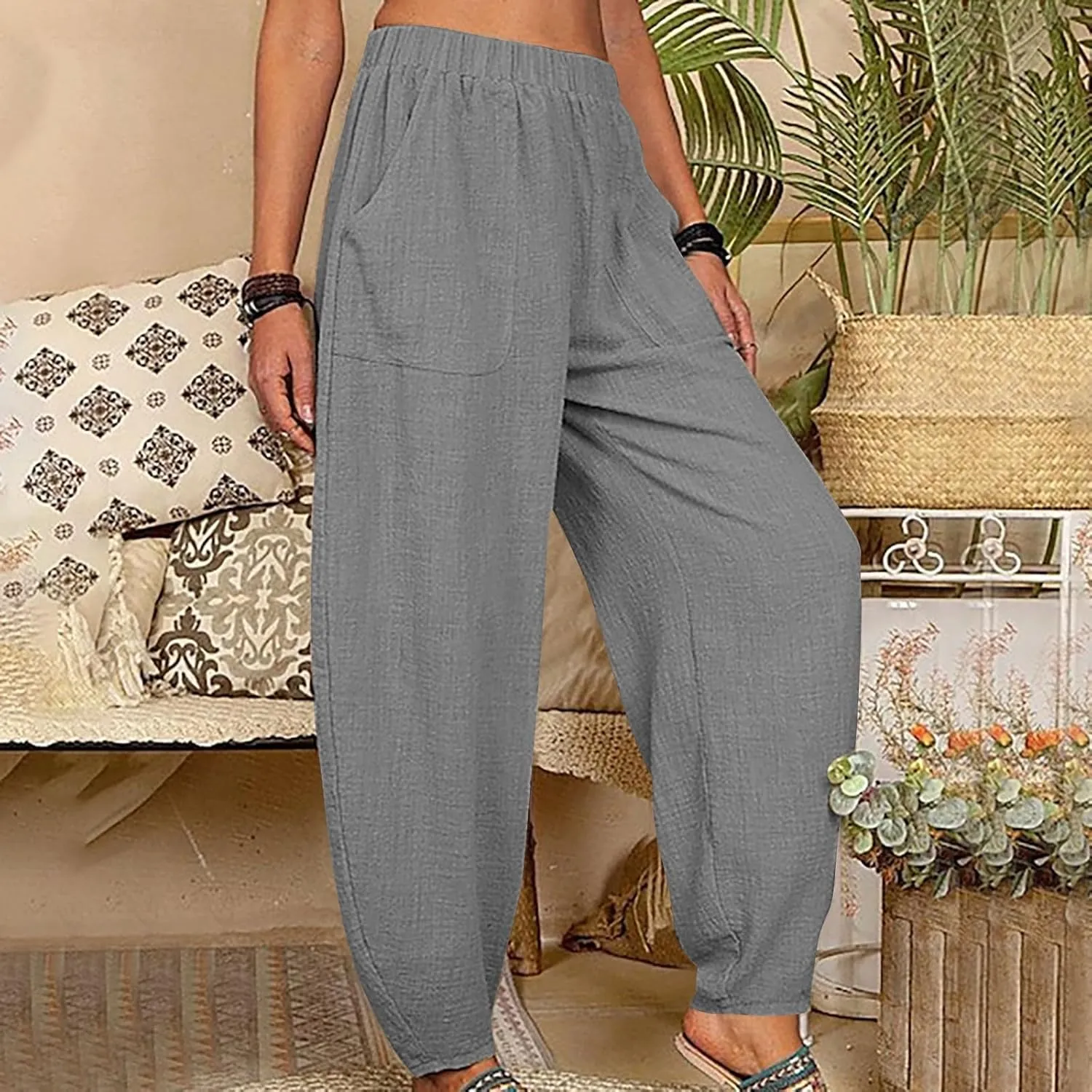 Women's Cotton Linen Harem Pants Casual Baggy High Waisted Elastic Pants Trousers with Pockets Wide Leg Palazzo Pants