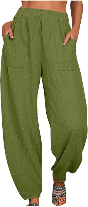 Women's Cotton Linen Harem Pants Casual Baggy High Waisted Elastic Pants Trousers with Pockets Wide Leg Palazzo Pants