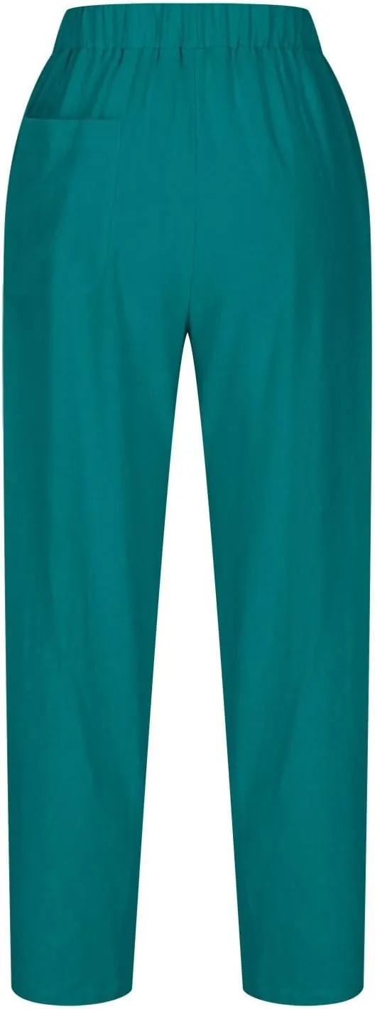 Women's Cotton Linen Harem Pants Casual Baggy High Waisted Elastic Pants Trousers with Pockets Wide Leg Palazzo Pants