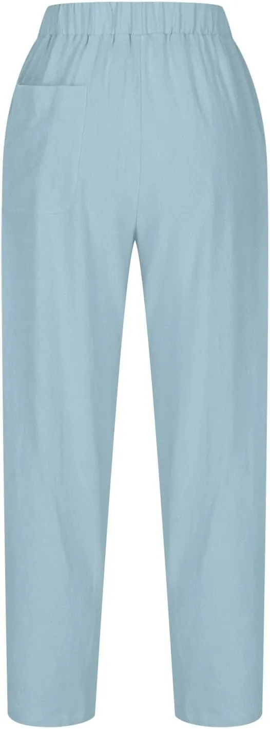Women's Cotton Linen Harem Pants Casual Baggy High Waisted Elastic Pants Trousers with Pockets Wide Leg Palazzo Pants