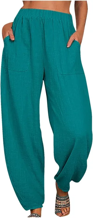 Women's Cotton Linen Harem Pants Casual Baggy High Waisted Elastic Pants Trousers with Pockets Wide Leg Palazzo Pants