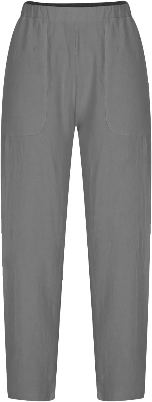 Women's Cotton Linen Harem Pants Casual Baggy High Waisted Elastic Pants Trousers with Pockets Wide Leg Palazzo Pants