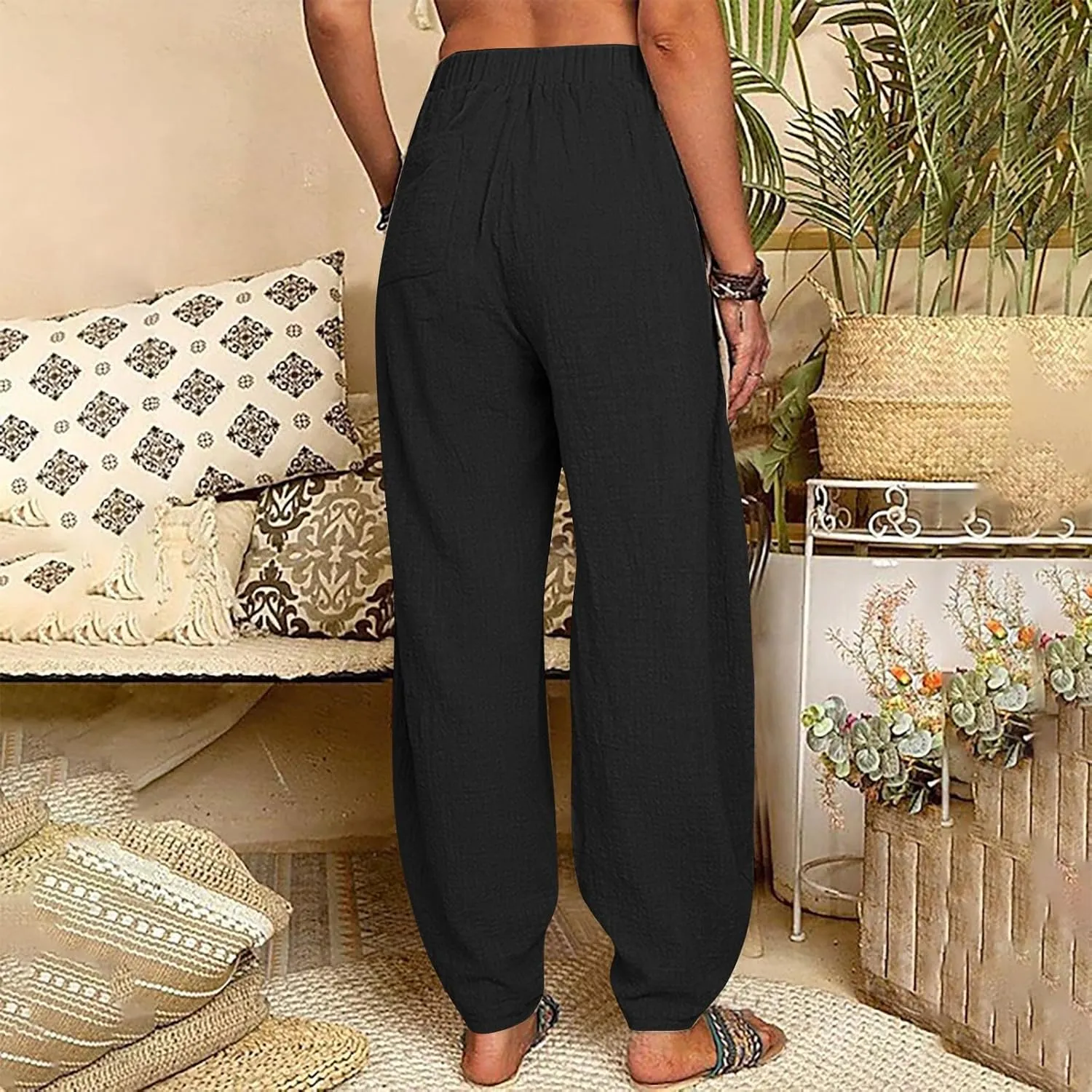 Women's Cotton Linen Harem Pants Casual Baggy High Waisted Elastic Pants Trousers with Pockets Wide Leg Palazzo Pants