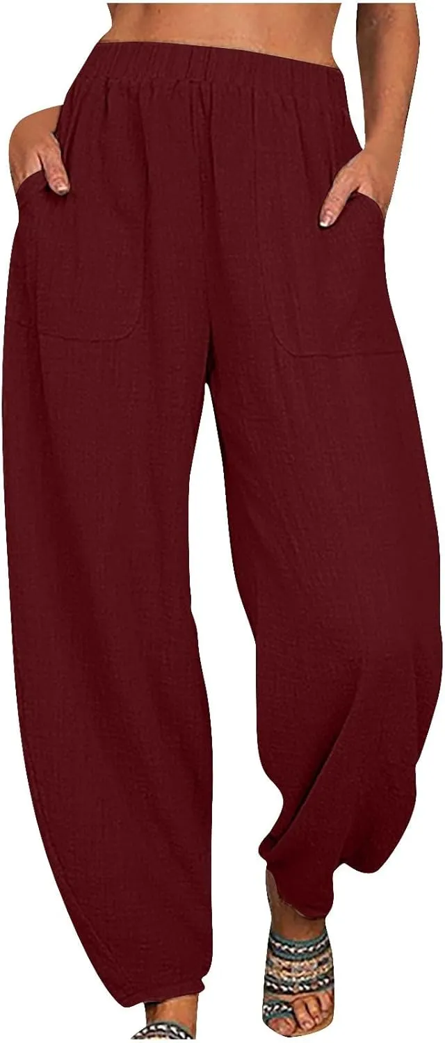 Women's Cotton Linen Harem Pants Casual Baggy High Waisted Elastic Pants Trousers with Pockets Wide Leg Palazzo Pants