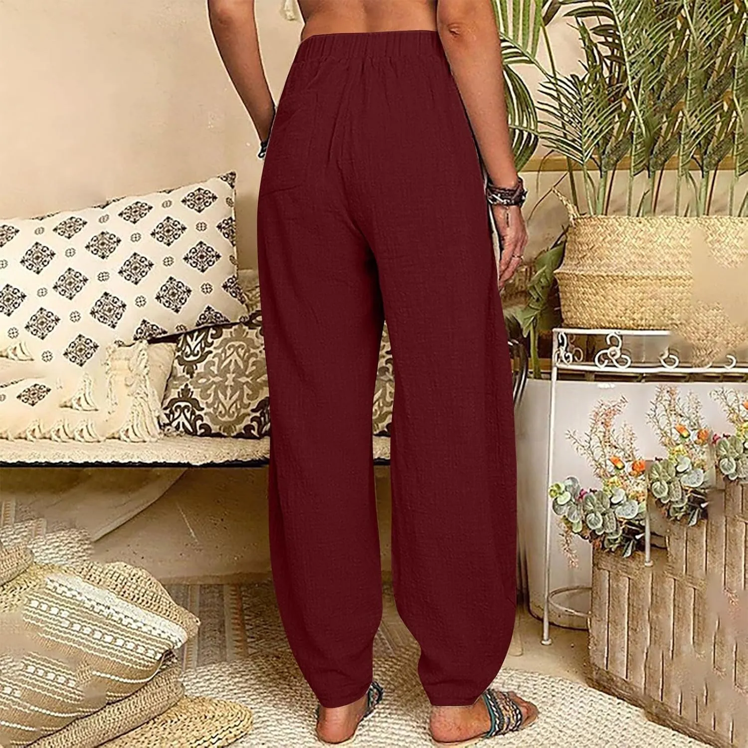 Women's Cotton Linen Harem Pants Casual Baggy High Waisted Elastic Pants Trousers with Pockets Wide Leg Palazzo Pants