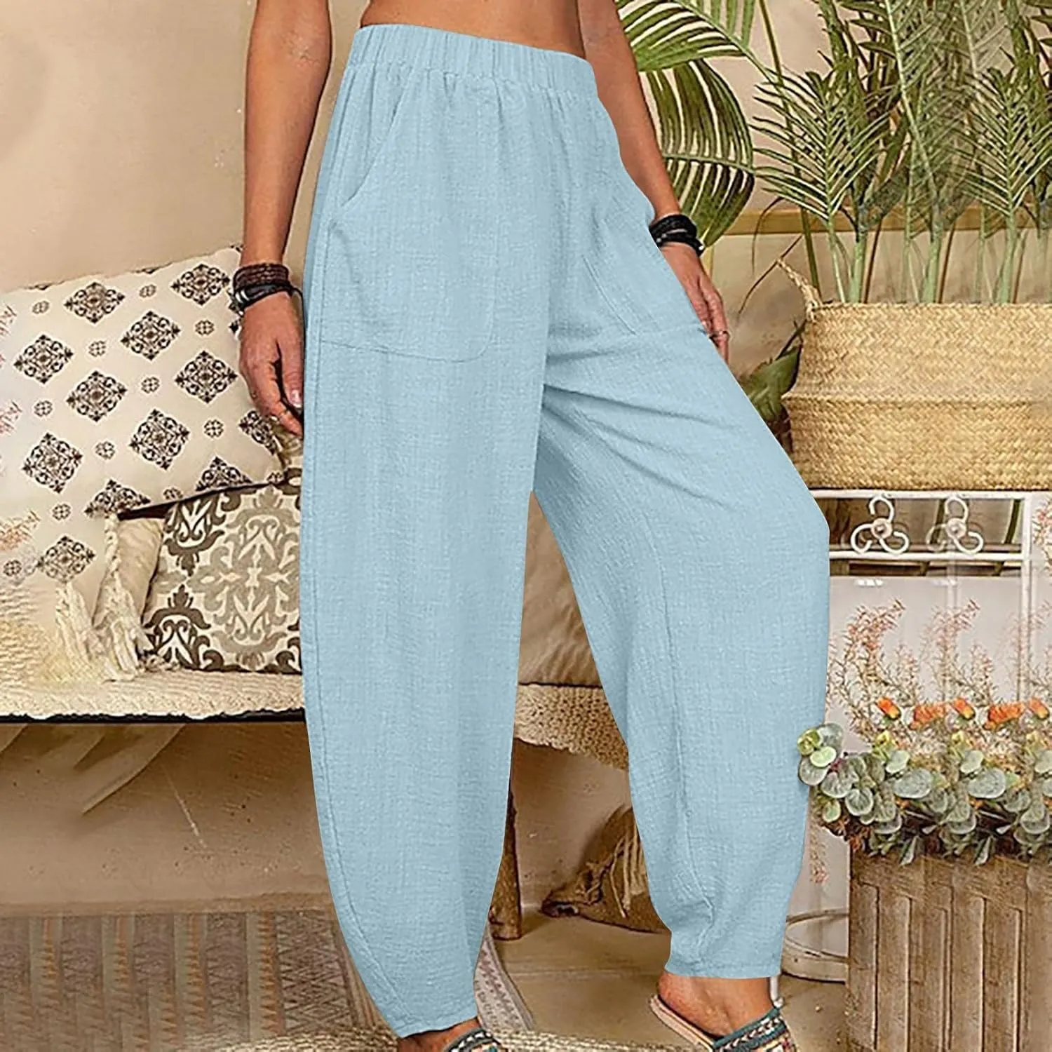 Women's Cotton Linen Harem Pants Casual Baggy High Waisted Elastic Pants Trousers with Pockets Wide Leg Palazzo Pants