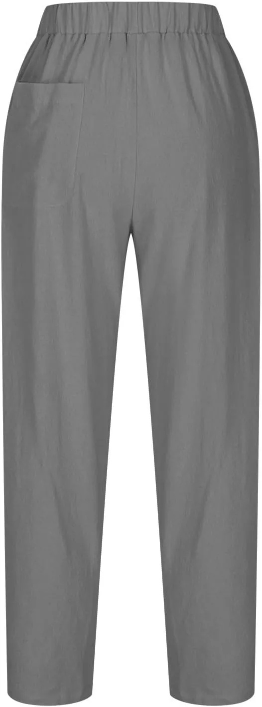 Women's Cotton Linen Harem Pants Casual Baggy High Waisted Elastic Pants Trousers with Pockets Wide Leg Palazzo Pants