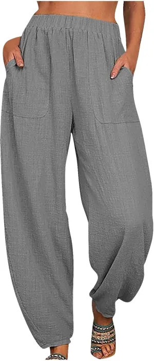 Women's Cotton Linen Harem Pants Casual Baggy High Waisted Elastic Pants Trousers with Pockets Wide Leg Palazzo Pants