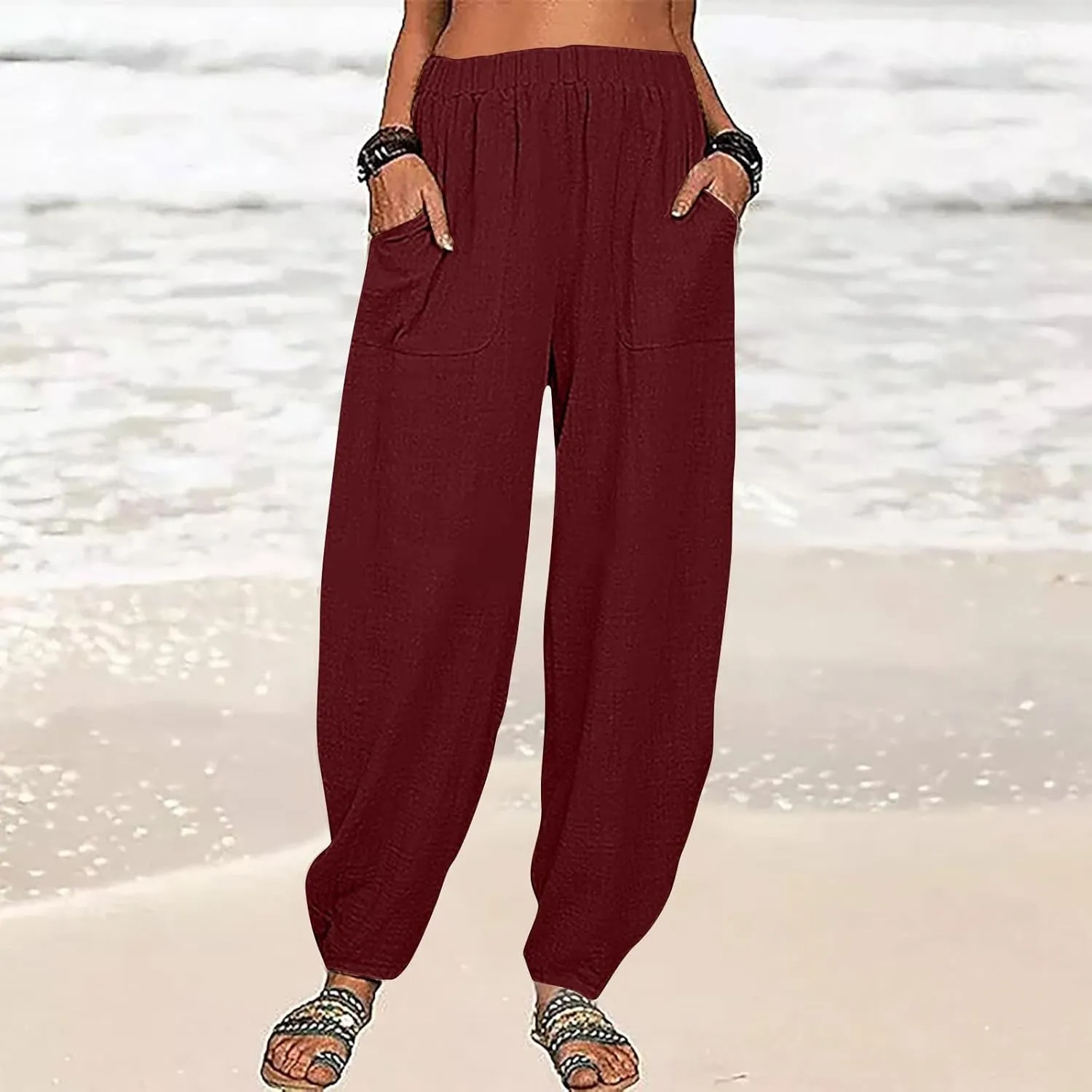 Women's Cotton Linen Harem Pants Casual Baggy High Waisted Elastic Pants Trousers with Pockets Wide Leg Palazzo Pants