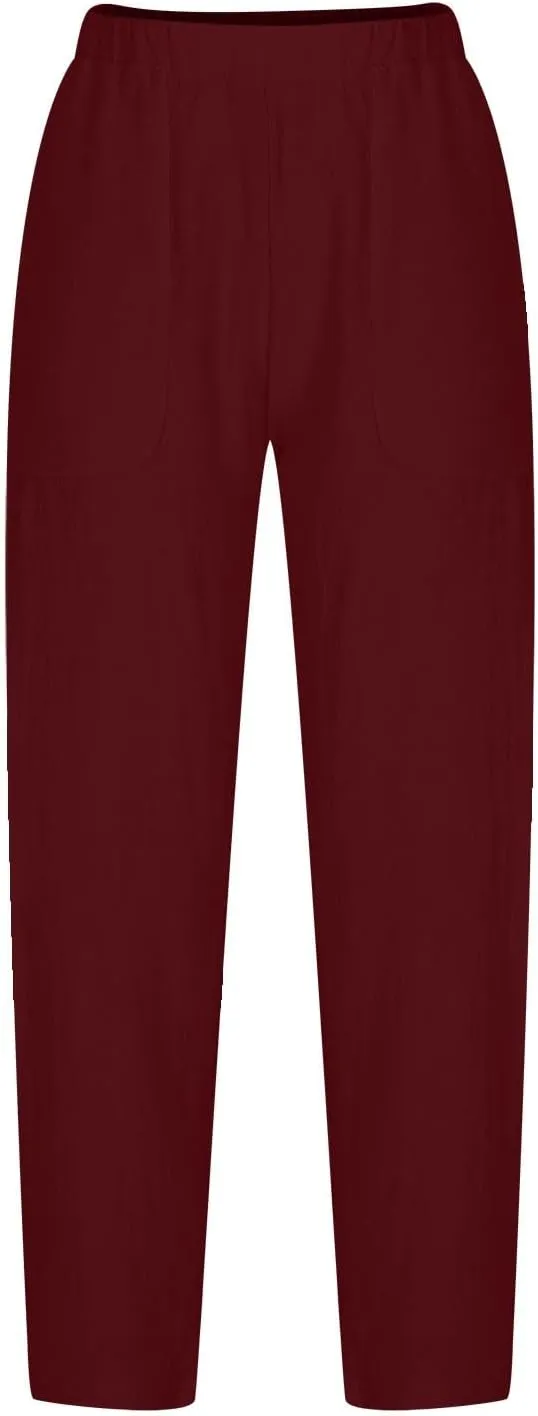 Women's Cotton Linen Harem Pants Casual Baggy High Waisted Elastic Pants Trousers with Pockets Wide Leg Palazzo Pants