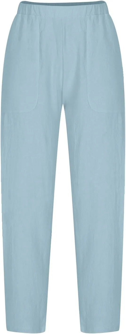 Women's Cotton Linen Harem Pants Casual Baggy High Waisted Elastic Pants Trousers with Pockets Wide Leg Palazzo Pants