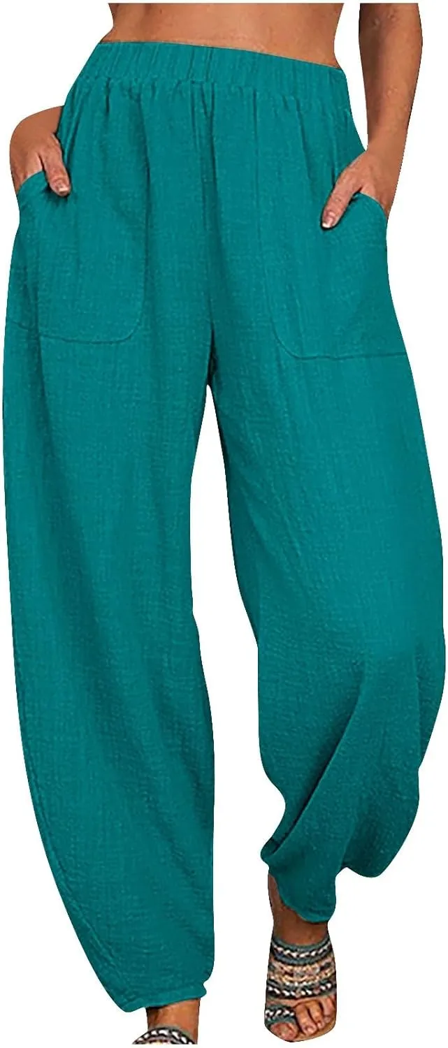 Women's Cotton Linen Harem Pants Casual Baggy High Waisted Elastic Pants Trousers with Pockets Wide Leg Palazzo Pants