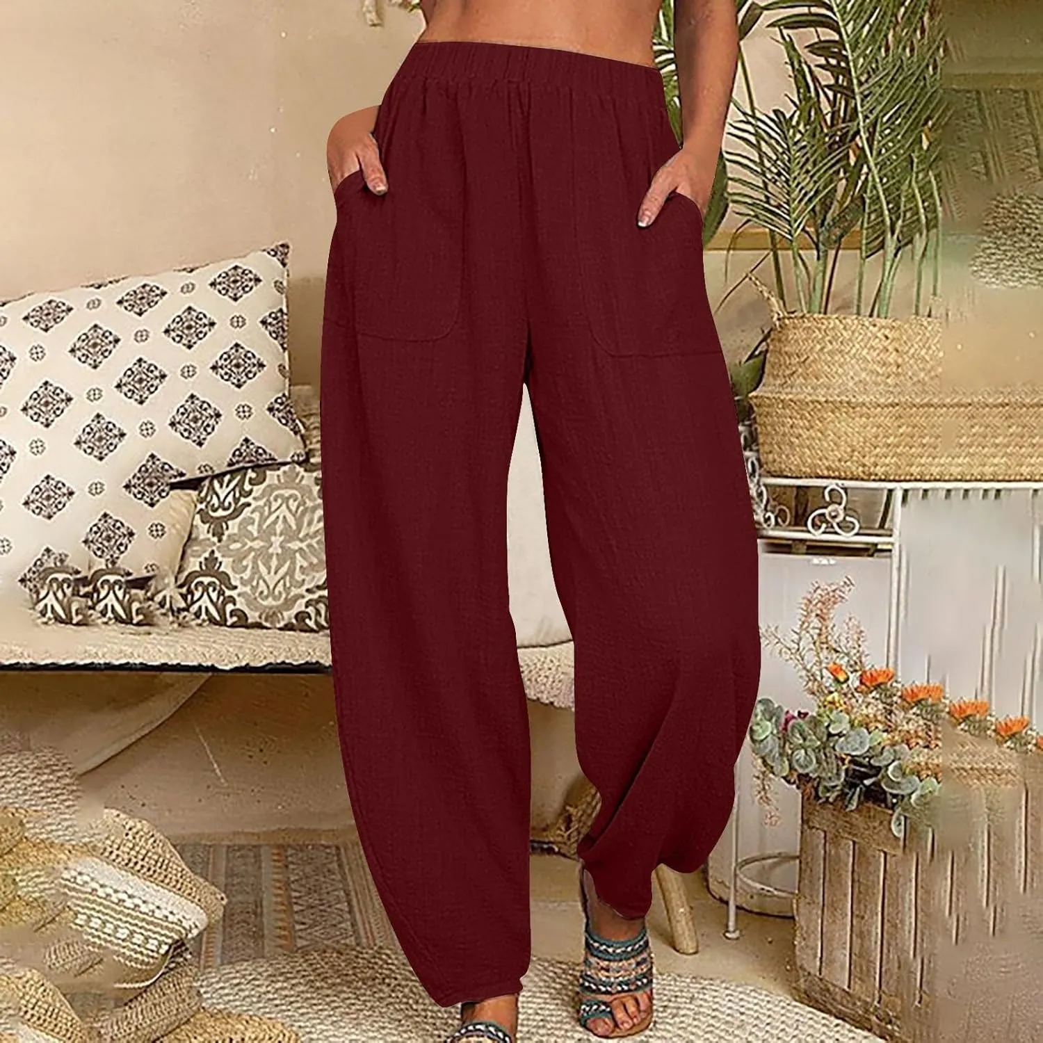 Women's Cotton Linen Harem Pants Casual Baggy High Waisted Elastic Pants Trousers with Pockets Wide Leg Palazzo Pants