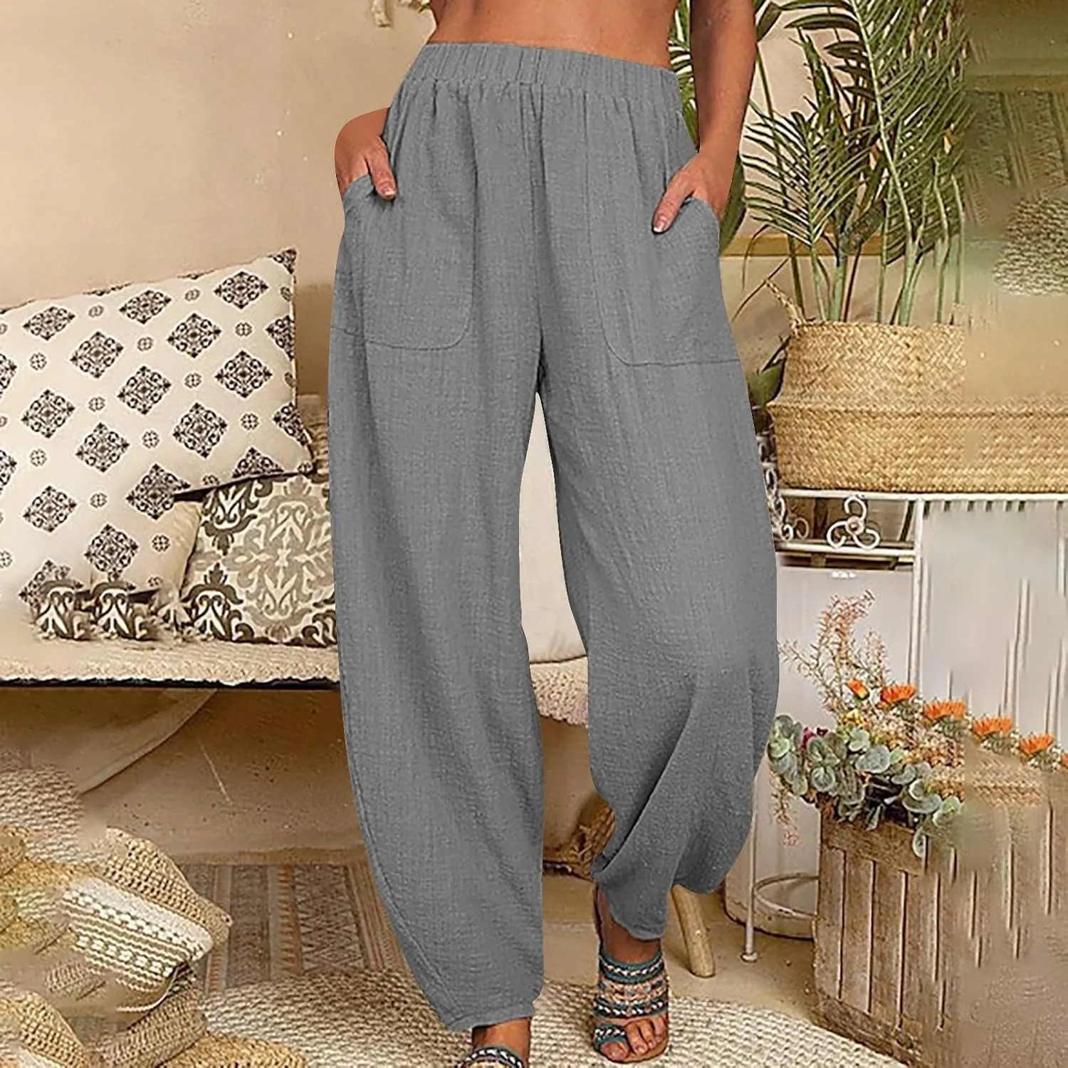 Women's Cotton Linen Harem Pants Casual Baggy High Waisted Elastic Pants Trousers with Pockets Wide Leg Palazzo Pants