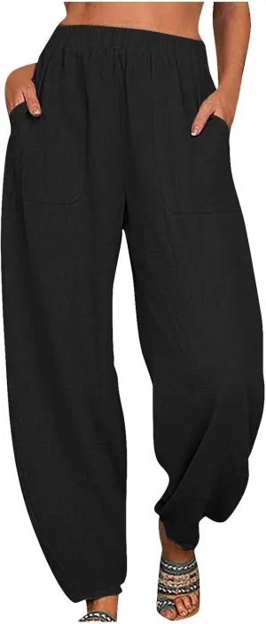 Women's Cotton Linen Harem Pants Casual Baggy High Waisted Elastic Pants Trousers with Pockets Wide Leg Palazzo Pants