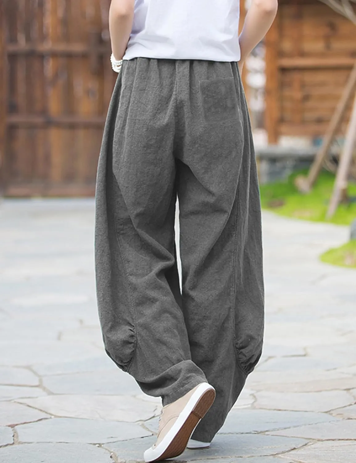 Women's Cotton Linen Pants Casual Elastic Waist Relax Fit Lantern Trouser Baggy Pants with Pockets