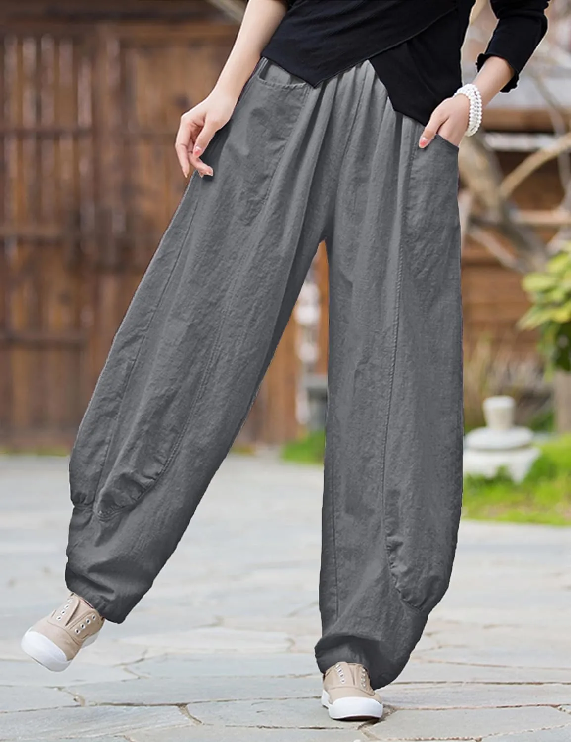 Women's Cotton Linen Pants Casual Elastic Waist Relax Fit Lantern Trouser Baggy Pants with Pockets
