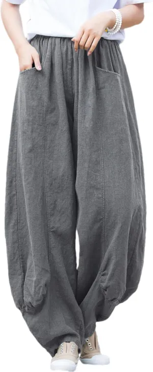 Women's Cotton Linen Pants Casual Elastic Waist Relax Fit Lantern Trouser Baggy Pants with Pockets