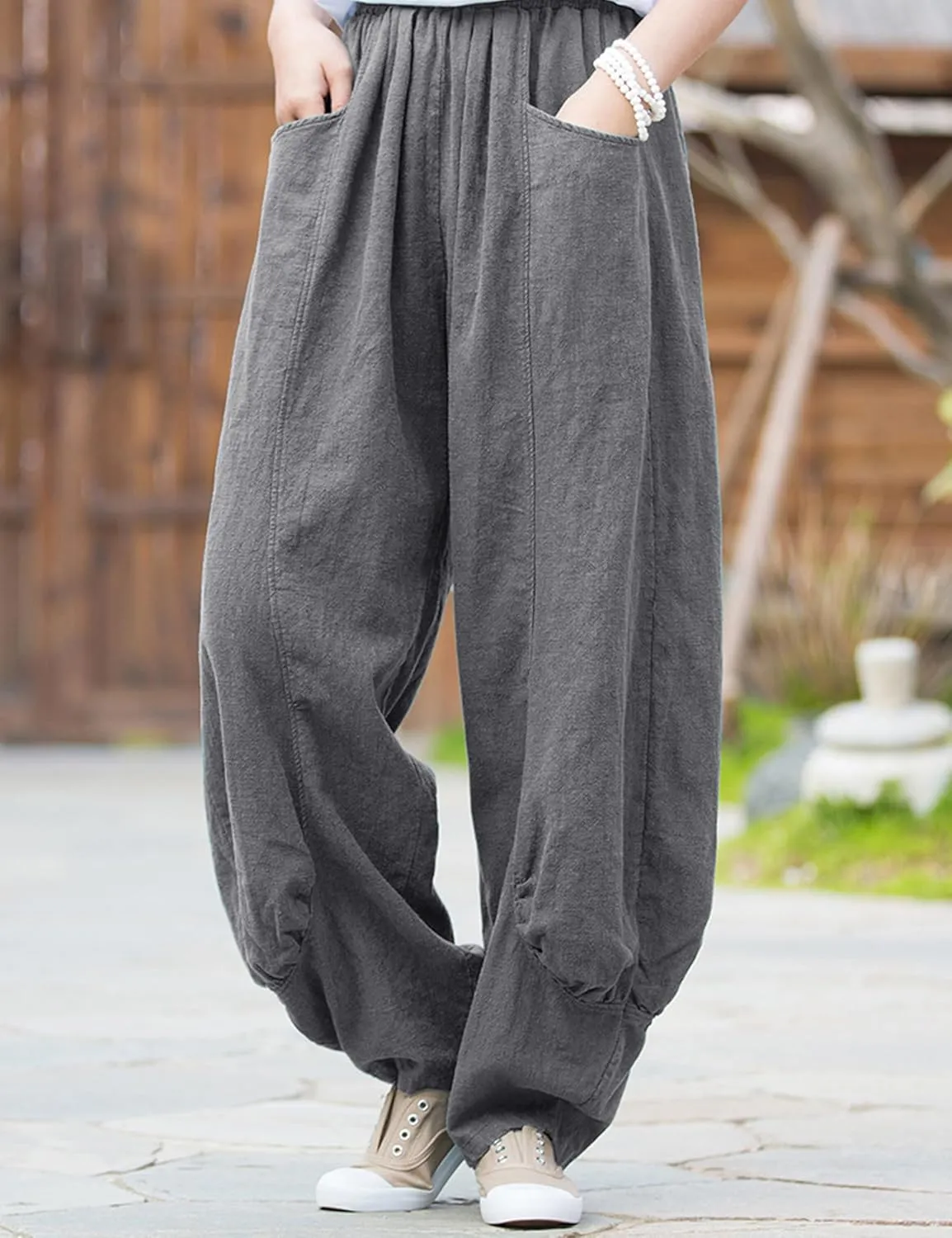 Women's Cotton Linen Pants Casual Elastic Waist Relax Fit Lantern Trouser Baggy Pants with Pockets
