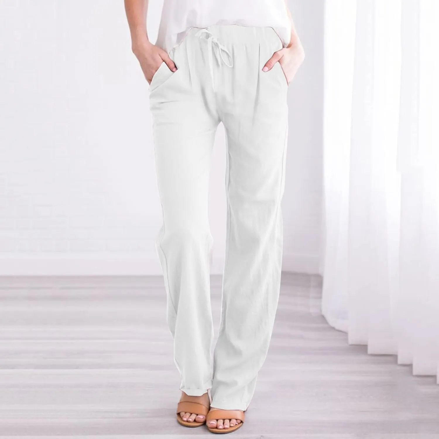 Womens Cotton Linen Pants Casual Lightweight Summer Relax Fit Pants Elastic Waist Plus Size Lounge Long Trousers