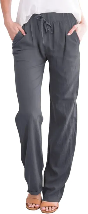 Womens Cotton Linen Pants Casual Lightweight Summer Relax Fit Pants Elastic Waist Plus Size Lounge Long Trousers