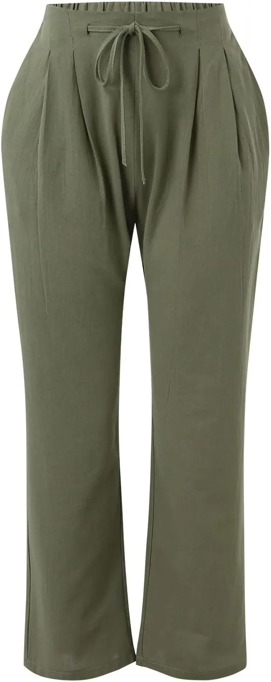 Womens Cotton Linen Pants Casual Lightweight Summer Relax Fit Pants Elastic Waist Plus Size Lounge Long Trousers