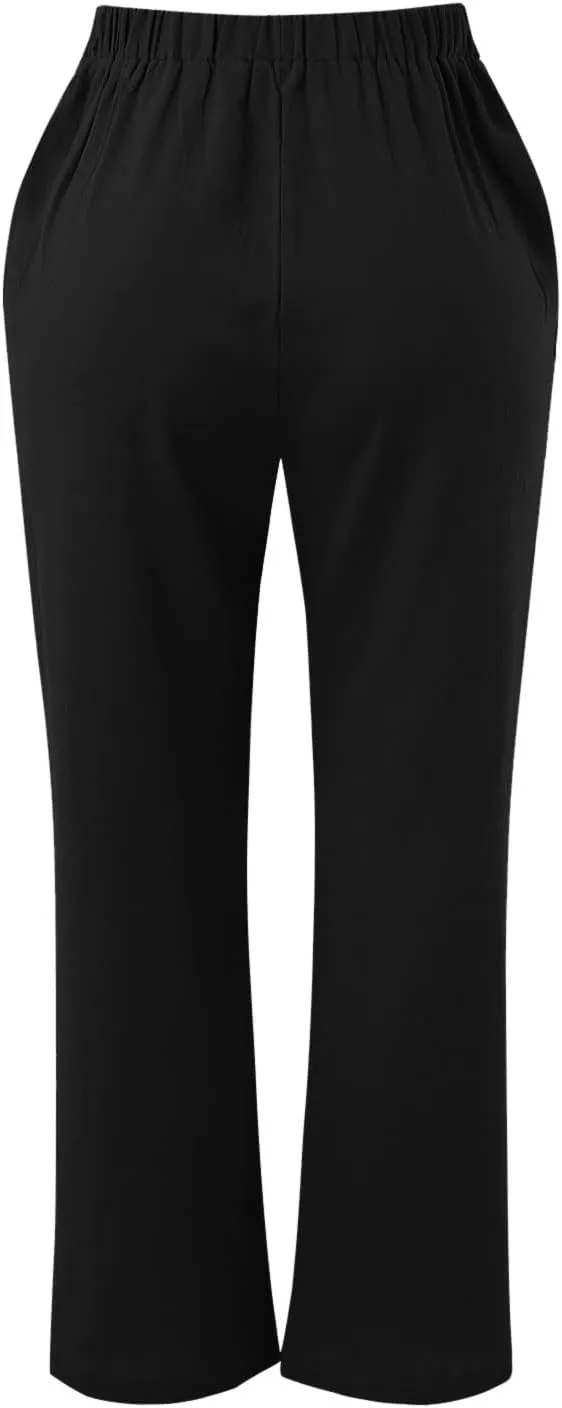 Womens Cotton Linen Pants Casual Lightweight Summer Relax Fit Pants Elastic Waist Plus Size Lounge Long Trousers