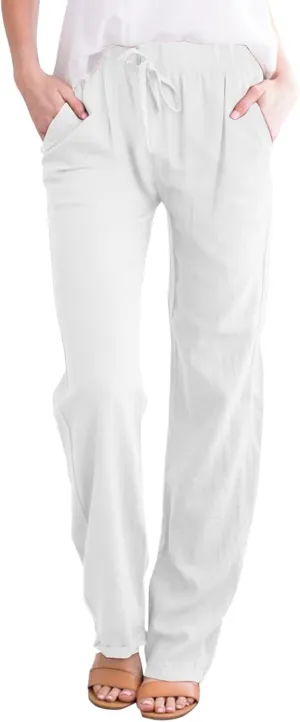 Womens Cotton Linen Pants Casual Lightweight Summer Relax Fit Pants Elastic Waist Plus Size Lounge Long Trousers