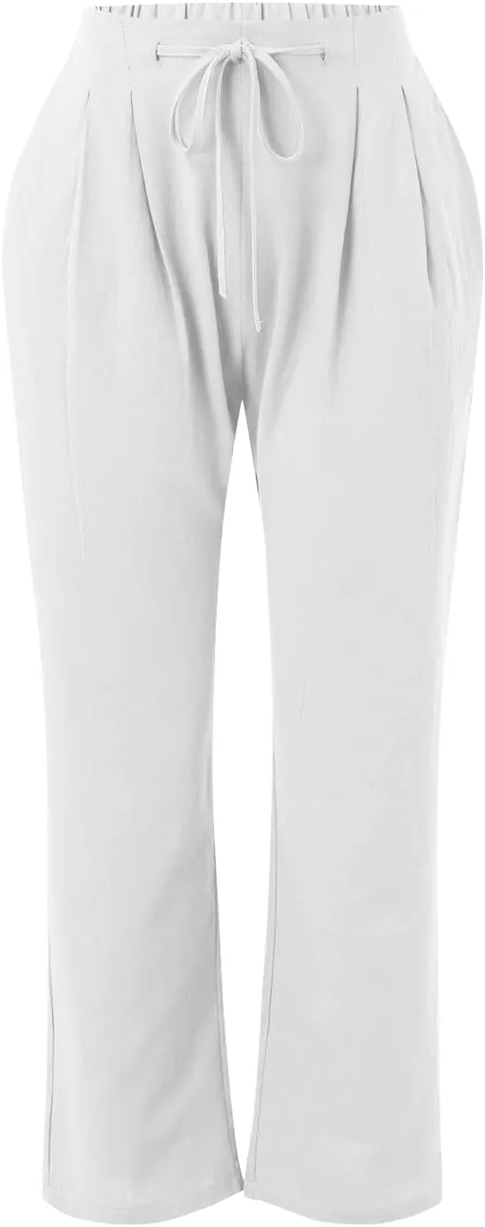 Womens Cotton Linen Pants Casual Lightweight Summer Relax Fit Pants Elastic Waist Plus Size Lounge Long Trousers