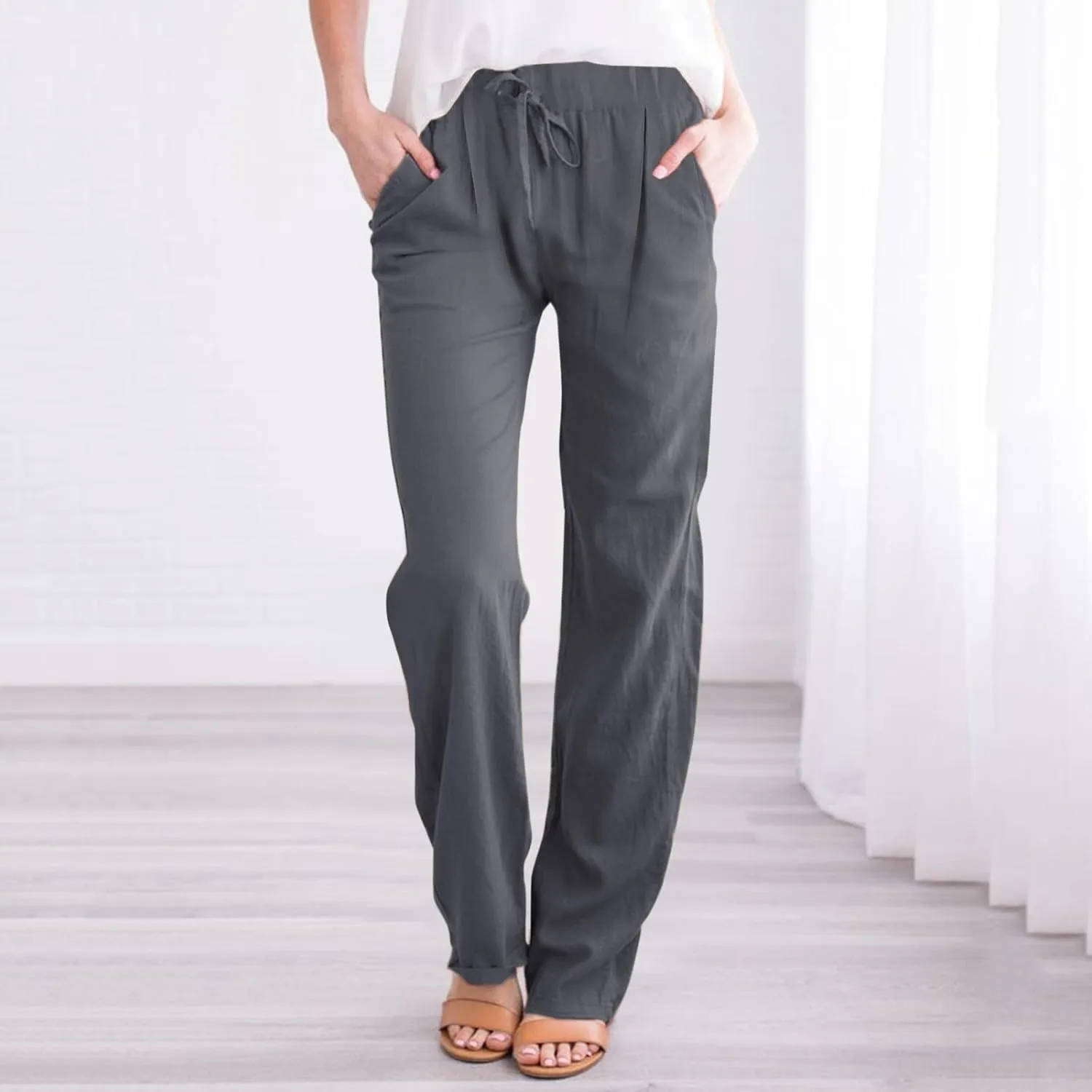 Womens Cotton Linen Pants Casual Lightweight Summer Relax Fit Pants Elastic Waist Plus Size Lounge Long Trousers