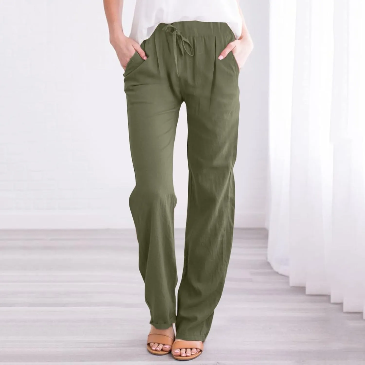 Womens Cotton Linen Pants Casual Lightweight Summer Relax Fit Pants Elastic Waist Plus Size Lounge Long Trousers