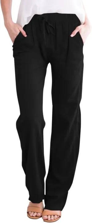 Womens Cotton Linen Pants Casual Lightweight Summer Relax Fit Pants Elastic Waist Plus Size Lounge Long Trousers