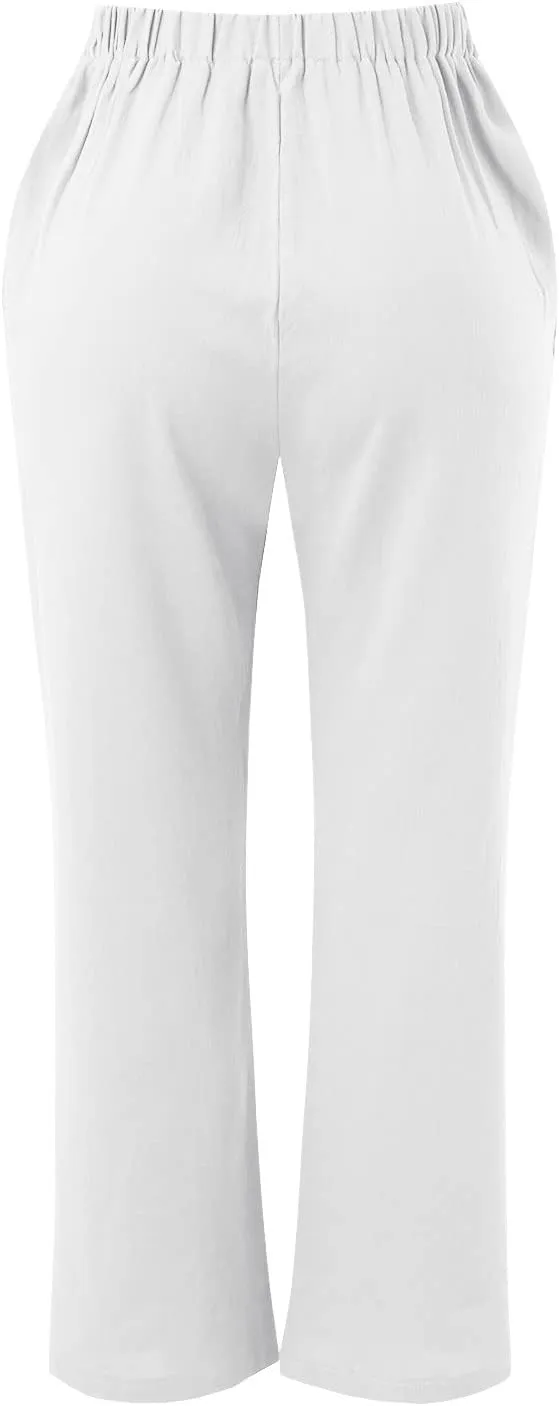 Womens Cotton Linen Pants Casual Lightweight Summer Relax Fit Pants Elastic Waist Plus Size Lounge Long Trousers