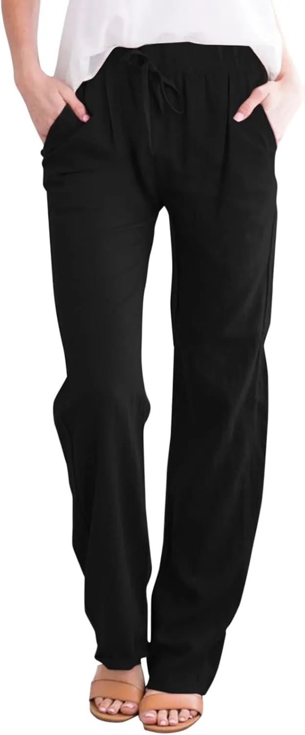Womens Cotton Linen Pants Casual Lightweight Summer Relax Fit Pants Elastic Waist Plus Size Lounge Long Trousers