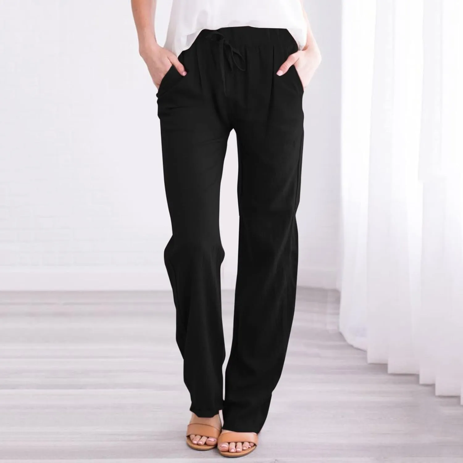 Womens Cotton Linen Pants Casual Lightweight Summer Relax Fit Pants Elastic Waist Plus Size Lounge Long Trousers