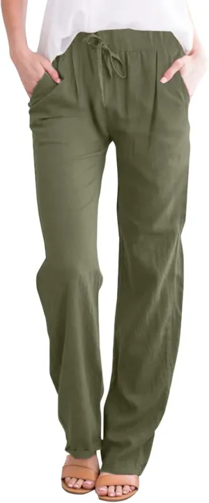 Womens Cotton Linen Pants Casual Lightweight Summer Relax Fit Pants Elastic Waist Plus Size Lounge Long Trousers