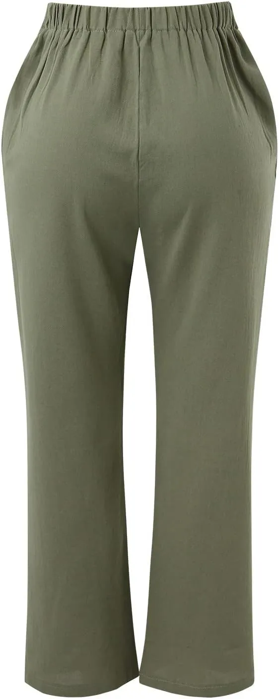 Womens Cotton Linen Pants Casual Lightweight Summer Relax Fit Pants Elastic Waist Plus Size Lounge Long Trousers
