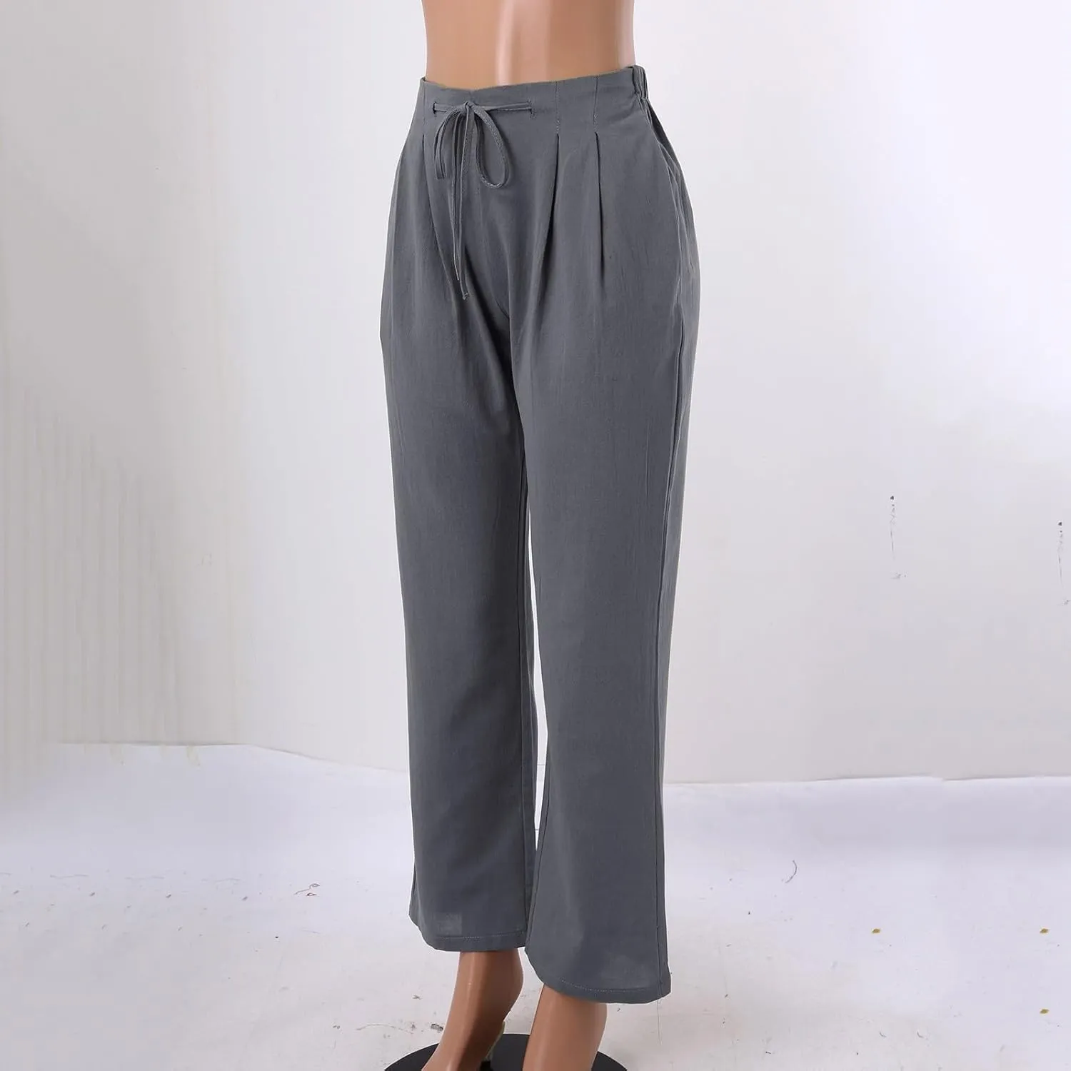 Womens Cotton Linen Pants Casual Lightweight Summer Relax Fit Pants Elastic Waist Plus Size Lounge Long Trousers