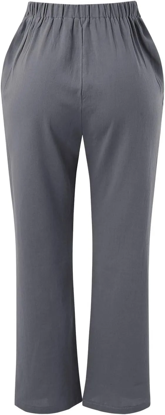 Womens Cotton Linen Pants Casual Lightweight Summer Relax Fit Pants Elastic Waist Plus Size Lounge Long Trousers