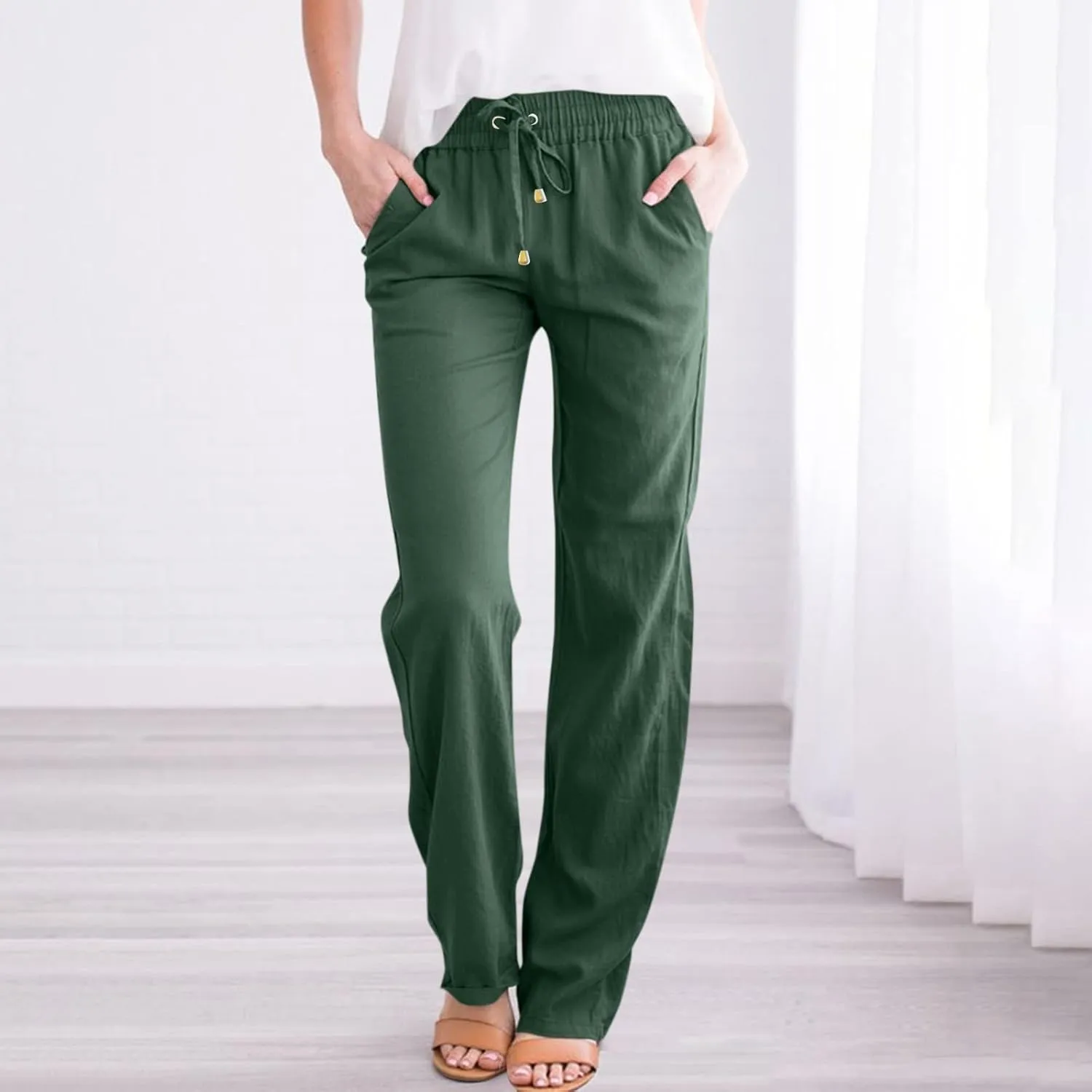 Womens Cotton Linen Pants Lightweight Summer Casual Relax Fit Elastic Waist Plus Size Solid Lounge Long Trousers