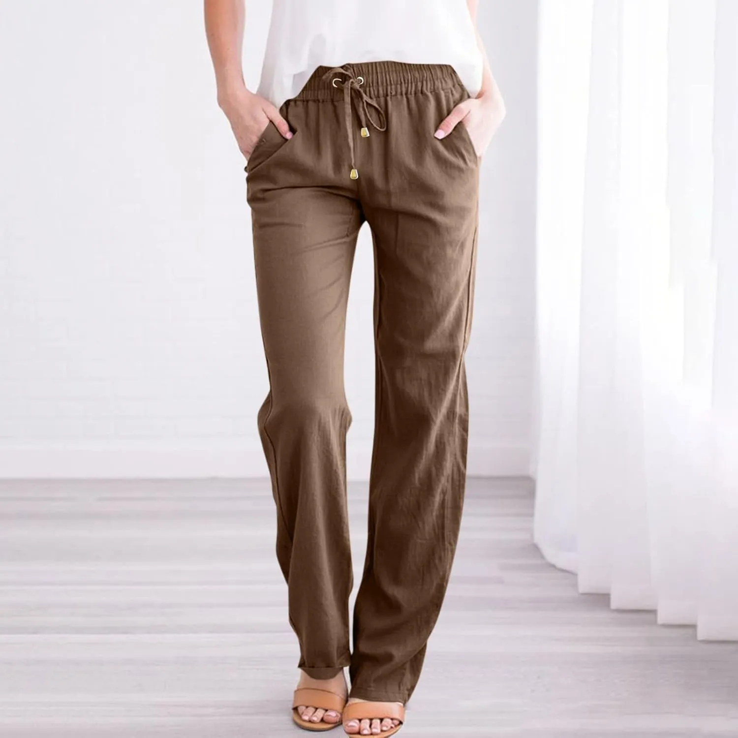 Womens Cotton Linen Pants Lightweight Summer Casual Relax Fit Elastic Waist Plus Size Solid Lounge Long Trousers