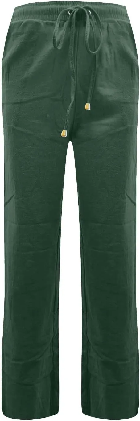 Womens Cotton Linen Pants Lightweight Summer Casual Relax Fit Elastic Waist Plus Size Solid Lounge Long Trousers