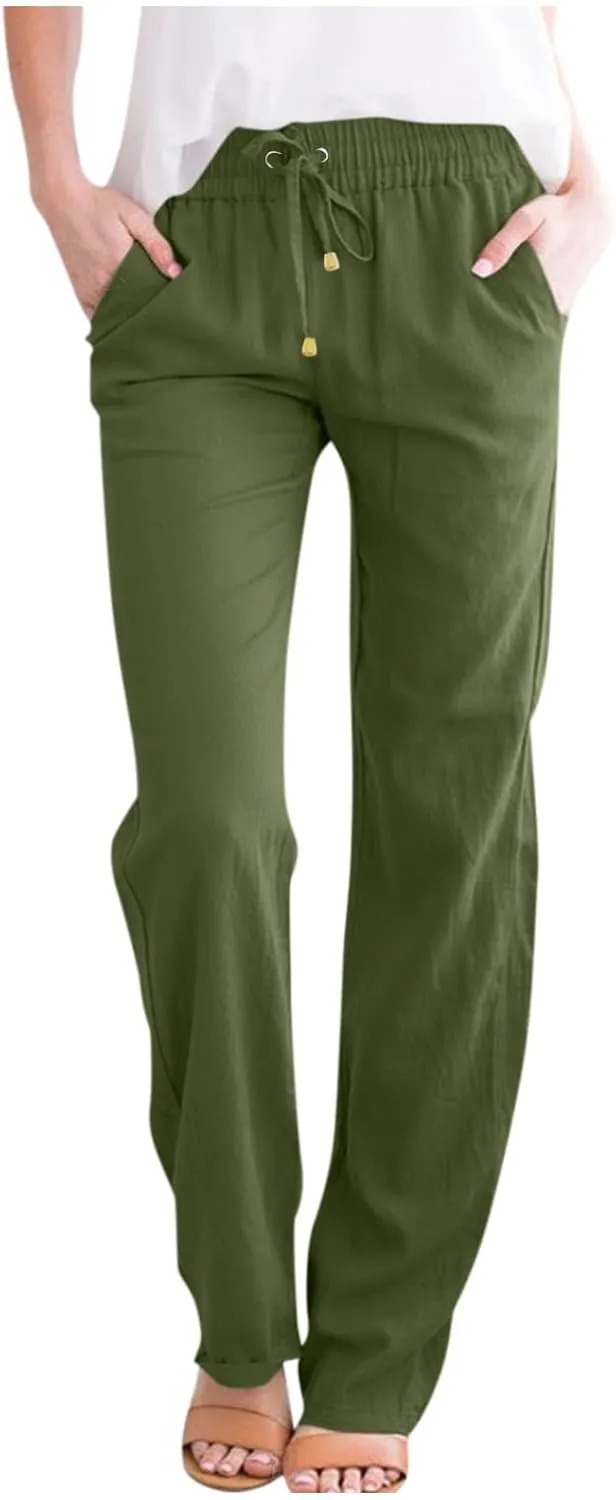 Womens Cotton Linen Pants Lightweight Summer Casual Relax Fit Elastic Waist Plus Size Solid Lounge Long Trousers