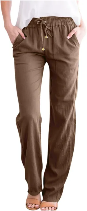 Womens Cotton Linen Pants Lightweight Summer Casual Relax Fit Elastic Waist Plus Size Solid Lounge Long Trousers