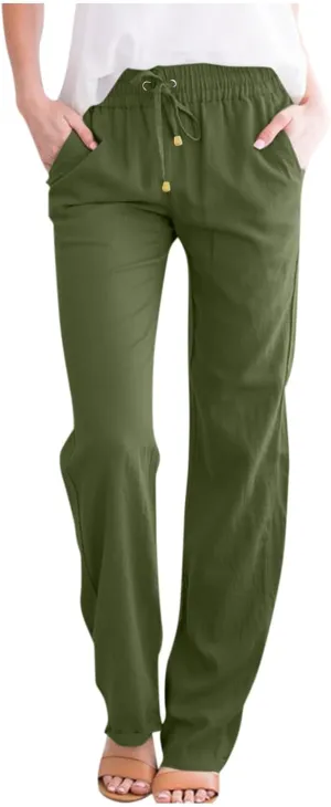 Womens Cotton Linen Pants Lightweight Summer Casual Relax Fit Elastic Waist Plus Size Solid Lounge Long Trousers