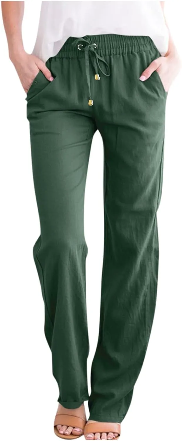 Womens Cotton Linen Pants Lightweight Summer Casual Relax Fit Elastic Waist Plus Size Solid Lounge Long Trousers